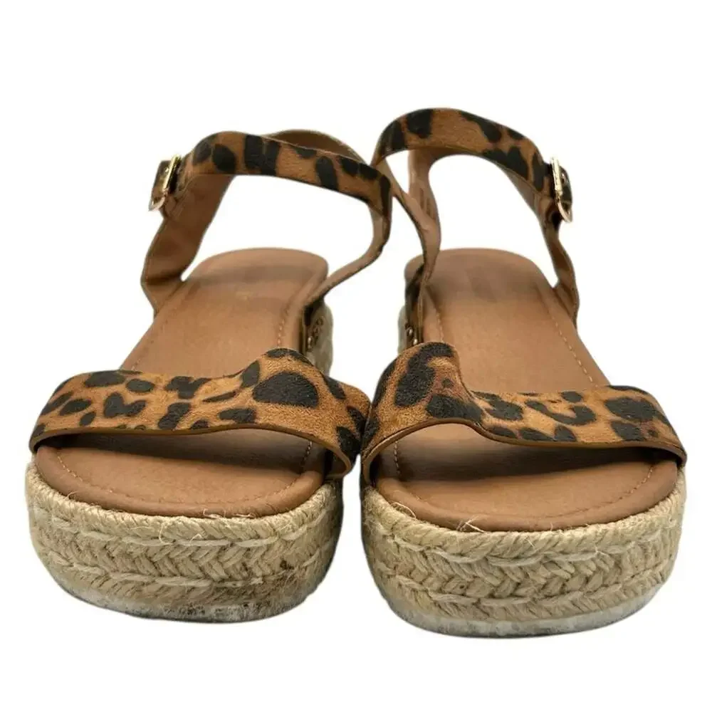 Cushionaire Leopard Print Espadrille Platform Sandals Ankle Strap Wedge Size 11M